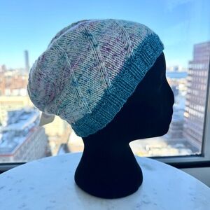 Handcrafted Knit Spiral Slouchy Hat - White, Teal, and Purple Marled